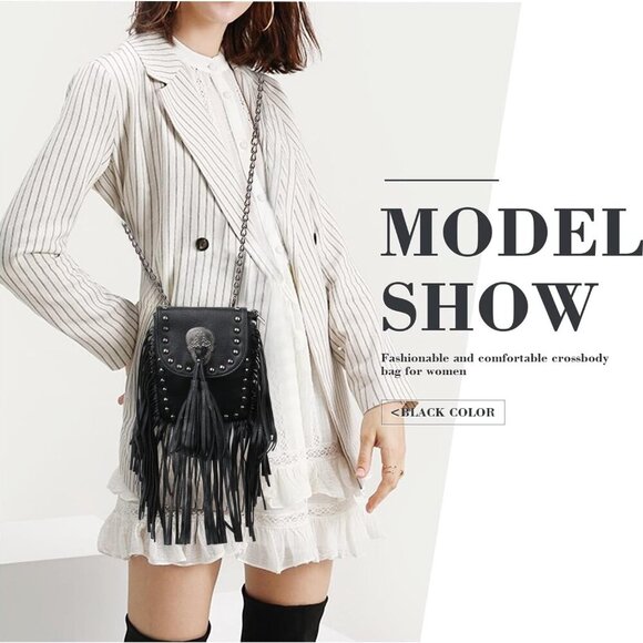 Leather Skull Fringe Purses for Women Black Tassel Shoulder Crossbody Bag Unique - Picture 6 of 6